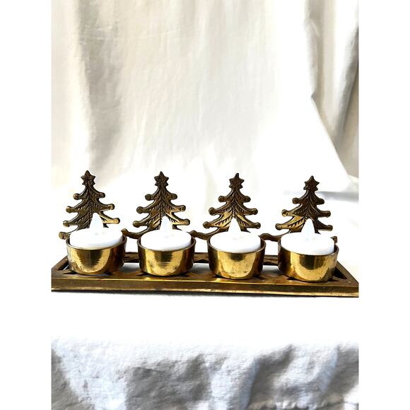Vintage brass pine tree Christmas tree votive candle holder Holiday decor - Picture 3 of 8